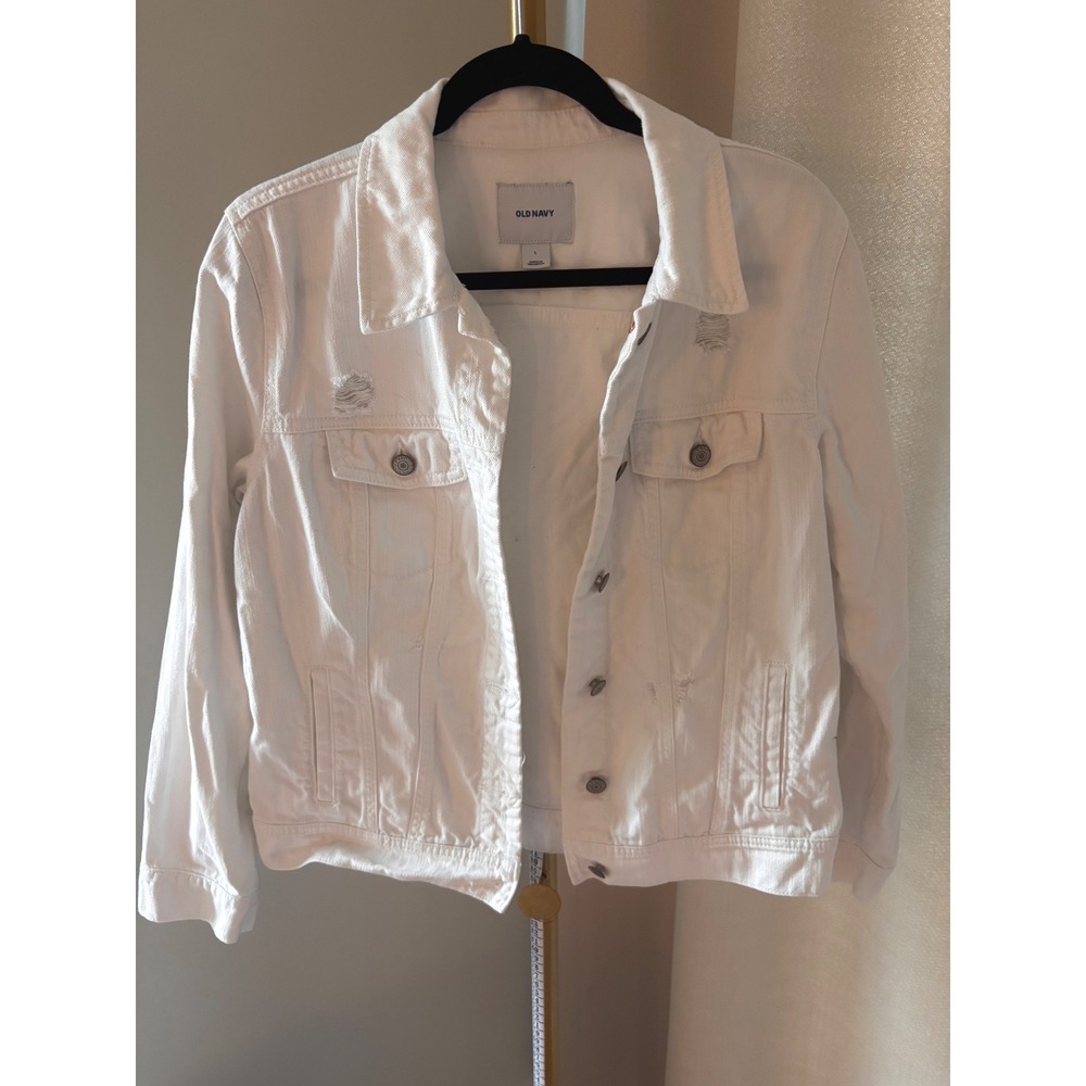 Old‎ Navy Womens White Distressed Denim Trucker Jacket Size L Large Button Up